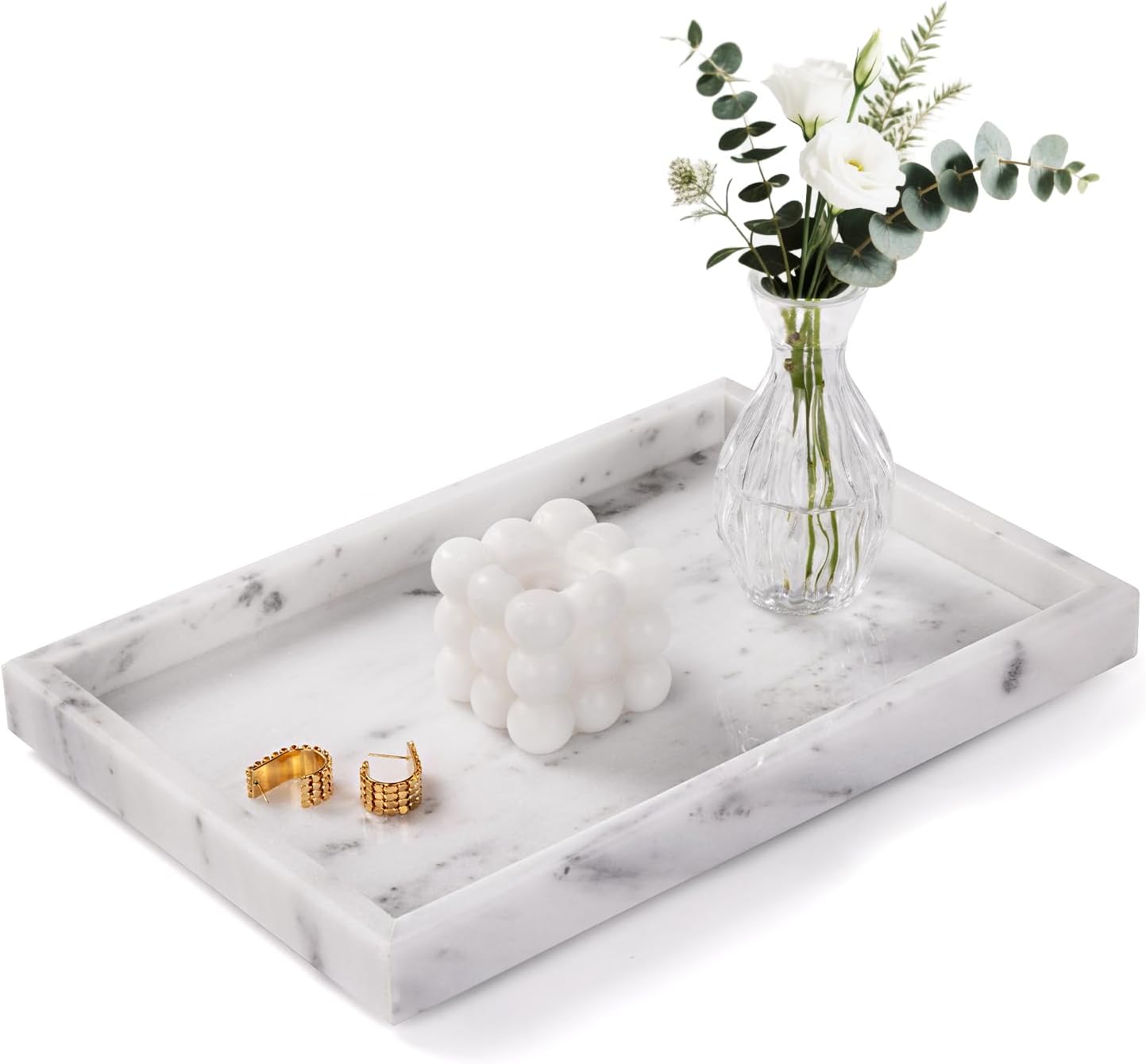 Marble Bathroom Tray for Countertop & Home Decor, Natural Decorative Marble Tray for Jewelry & Perfume Organizer, Luxury Stone Vanity Trays for Dresser, Kitchen Counter, 12" x 8", Gray Black