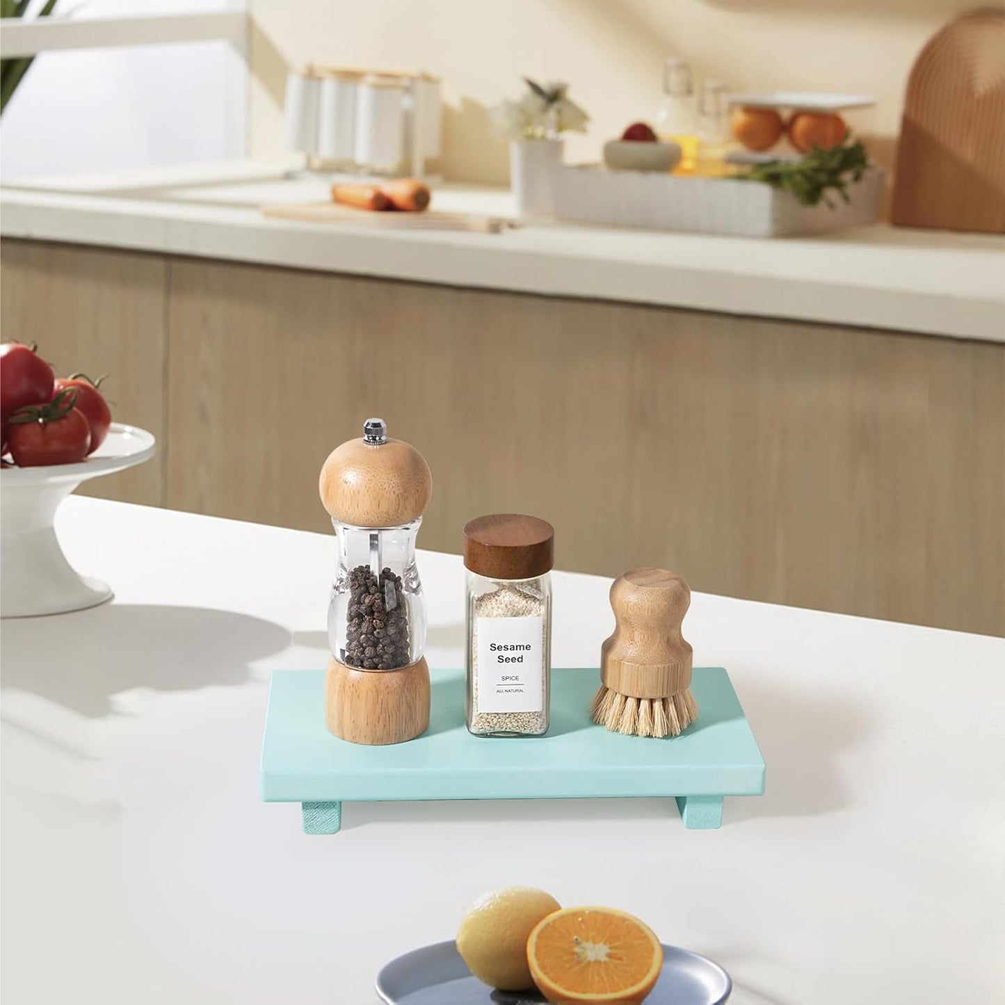 zoocatia Small Wood Tray Pedestal Stand Farmhouse Bathroom Decor Decorative Wooden Riser Kitchen Soap Dish Holder for Vanity, Counter, Sink, Brown