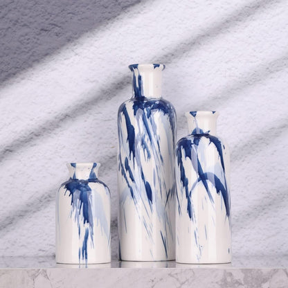 Blue Ceramic Vase Set - 3 Blue Small Vases, Farmhouse Country Flower Vase Home Decor, Living Room Decoration, Table Decoration, Fireplace Decor, and Entrance Decorations Centerpieces