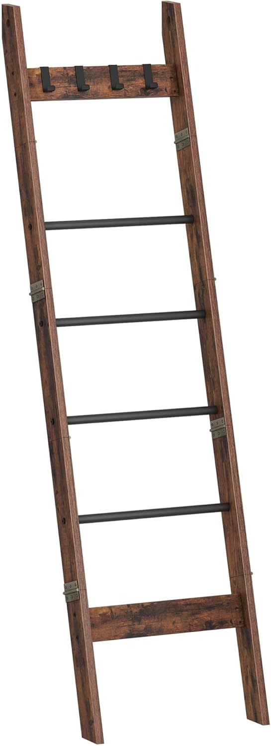 Hzuaneri Blanket Ladder for Living Room, Decorative Quilt Rack with 4 Removable Hooks, 5-Tier Farmhouse Ladder Holder Shelf Organizer for Bedroom, Rustic Brown and Black 02101BBR