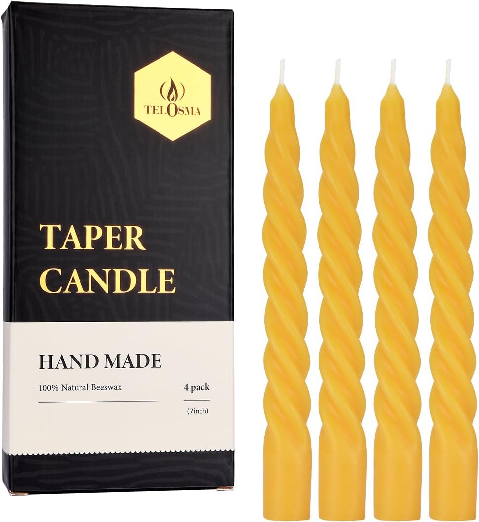 Beeswax Taper Candles Set of 4,Spiral Taper Candle Dripless Short Candle Sticks for Dinner Wedding Party Christmas Home Decorations - 7 inch in Height- Off White