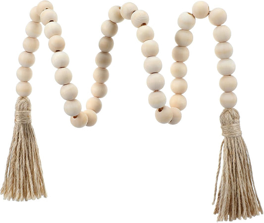 Boho Decor Wood Beads Garland Wood Bead Garland with Tassels Farmhouse Wall Hanging Decorations Natural Wooden Tassel Decorative Room Hanging for Coffee Table Christmas and Prayer(Wood Color, 50inch)