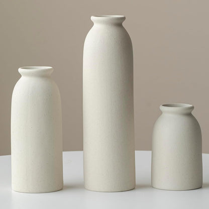 Ceramic Vase Set-3, Small Flower Vases for Decor, Modern Boho Farmhouse Style, Decorative Vases for Pampas Grass & Dried Flowers, Distressed Finish (Beige)