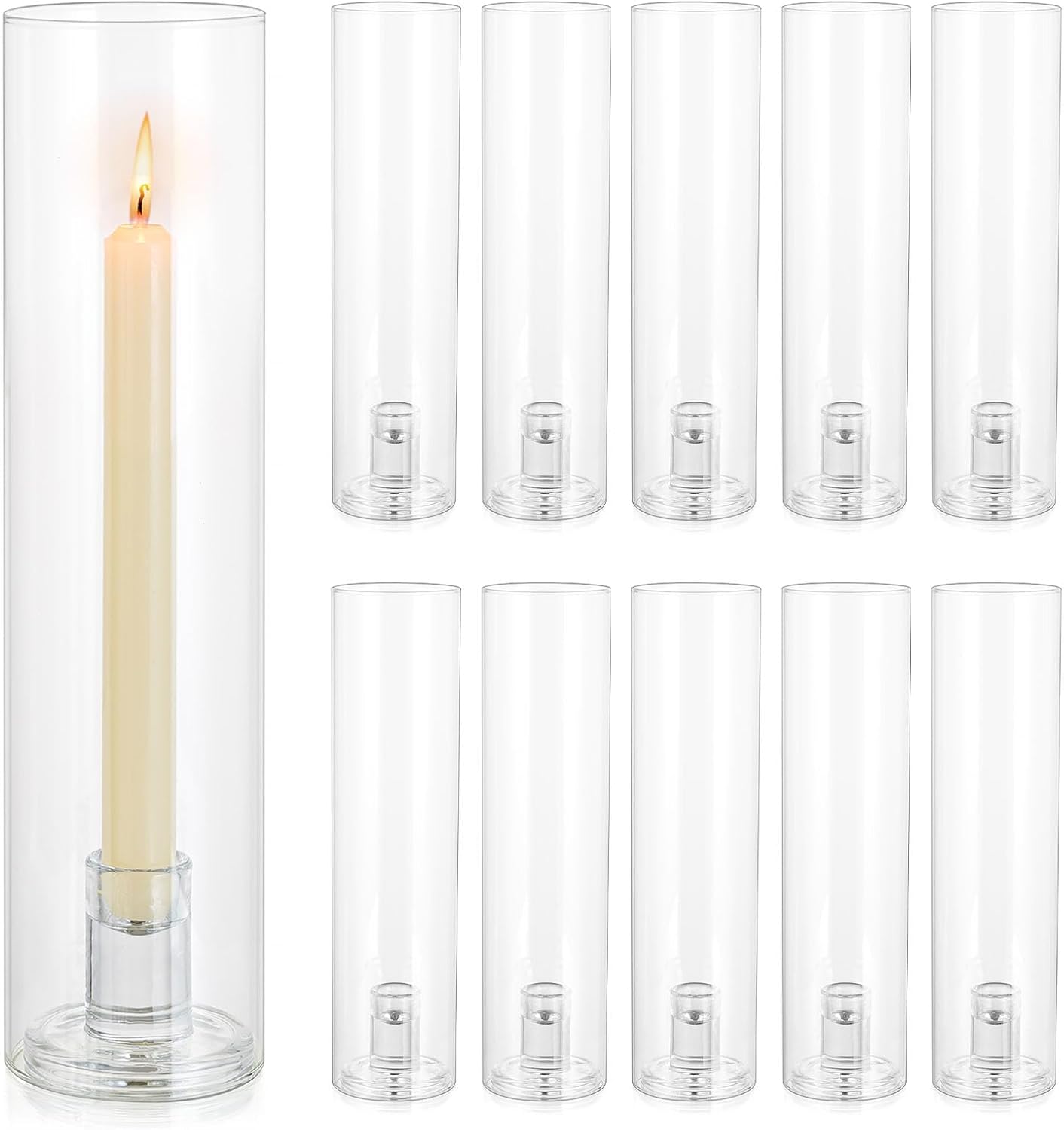 Glass Hurricane Candle Holder: 12" Tall Candlestick Holder Bulk with Cylinder Windproof Cover Set of 6 Clear Taper Candle Holders for Wedding Party Birthday Christmas Decor