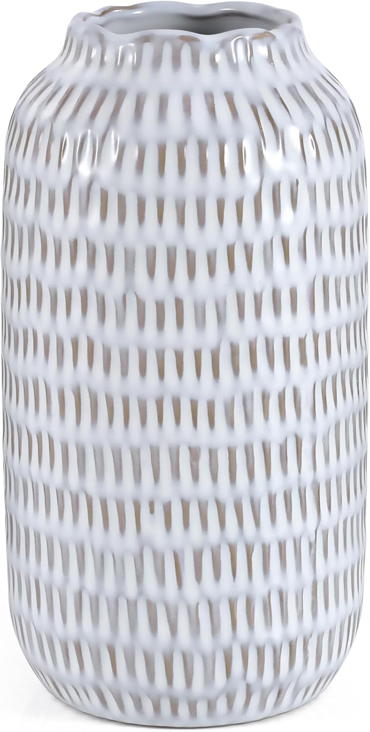 Ceramic Vase for Flowers – Modern Small Ribbed Textured Flower Vase for Home Decor, Pampas Grass, Decorative, Farmhouse, Coffee Table, Kitchen Centerpieces, Bookshelf and Home Living (White)