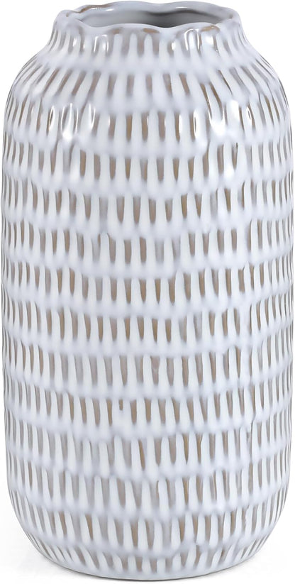 Ceramic Vase for Flowers – Modern Small Ribbed Textured Flower Vase for Home Decor, Pampas Grass, Decorative, Farmhouse, Coffee Table, Kitchen Centerpieces, Bookshelf and Home Living (White)