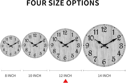 Wall Clock, Rustic Wall Clocks Battery Operated Silent Non Ticking, Country Round Wooden Clocks Farmhous Wall Decorative for Kitchen, Bathroom, Living Room (Gray 8 Inch)