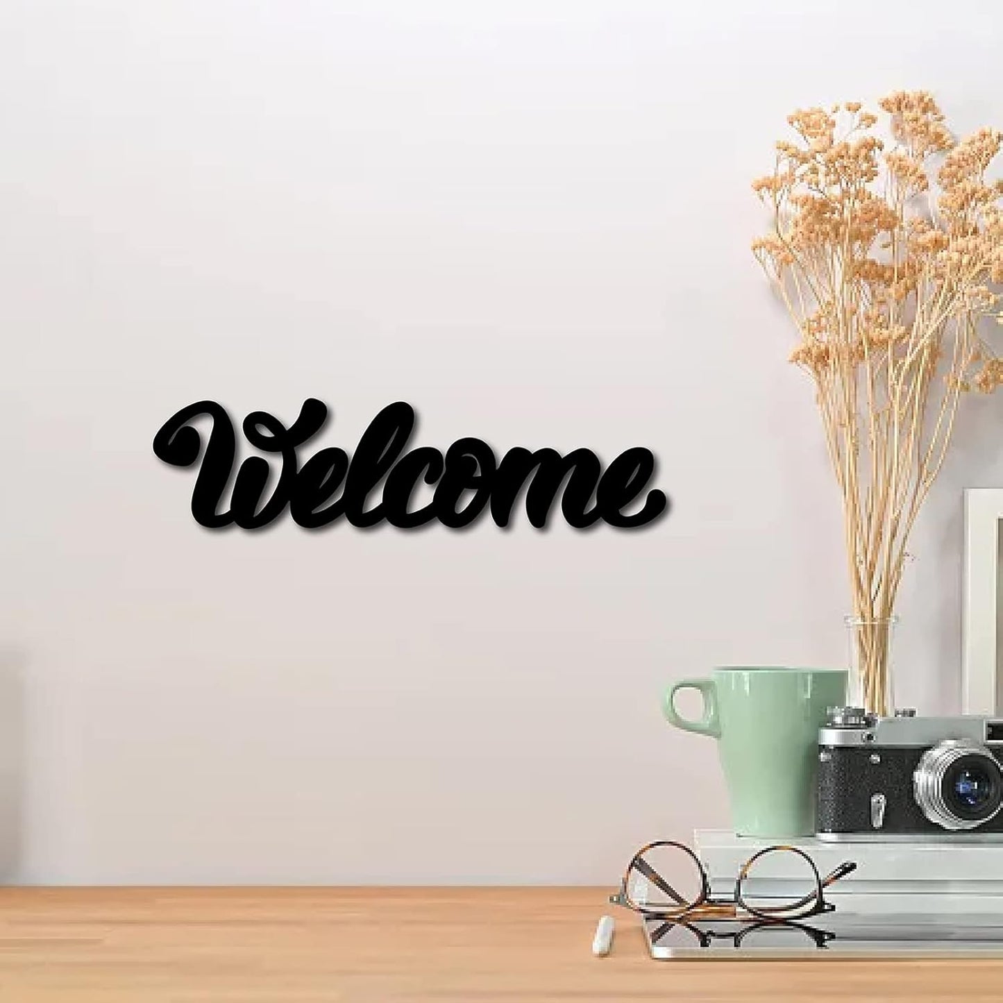 CREATCABIN Welcome Sign Welcome Wood Cutout Wooden Wall Decor Letters Laser Cut Art Unfinished Rustic Decorative DIY for Front Door Home Gallery Porch Coffee Bar Wreath Gift 11.8 x 2.4 Inch