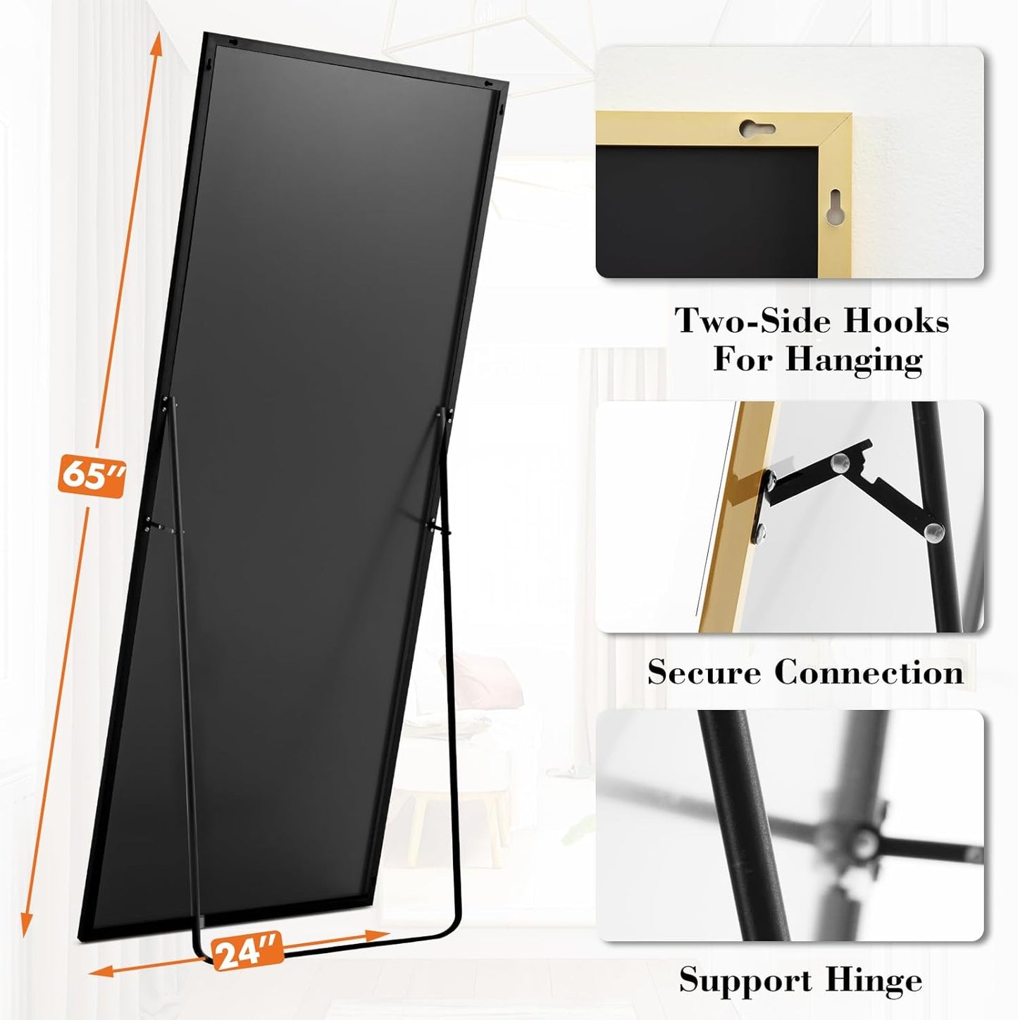 DUMOS Full Length Mirror 64"x21" Full Body Floor Mirror for Bedroom or Cloakroom, Can Stand Alone, Hang or Lean Against Wall, Tall Wall Mirror with Stand, Black