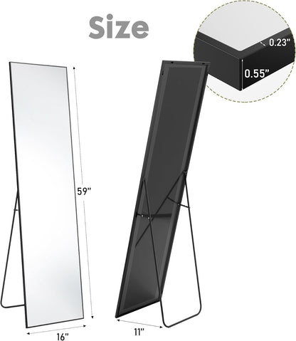 DUMOS Arched Full Length Mirror with Stand 64"x21" Floor Standing Aluminum Frame for Bedroom Body Hanging Leaning Modern Simple Home Decor Shatter-proorf Nano Glass Wall Living Room Cloakroom Black