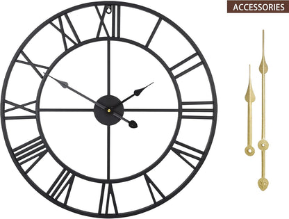LEIKE 16" Large Wall Clocks Battery Operated, Round Modern Silent Non-Ticking Black Metal Wall Clock for Living Room Decor, Bedroom Kitchen (40cm Diameter, Black Roman Number)