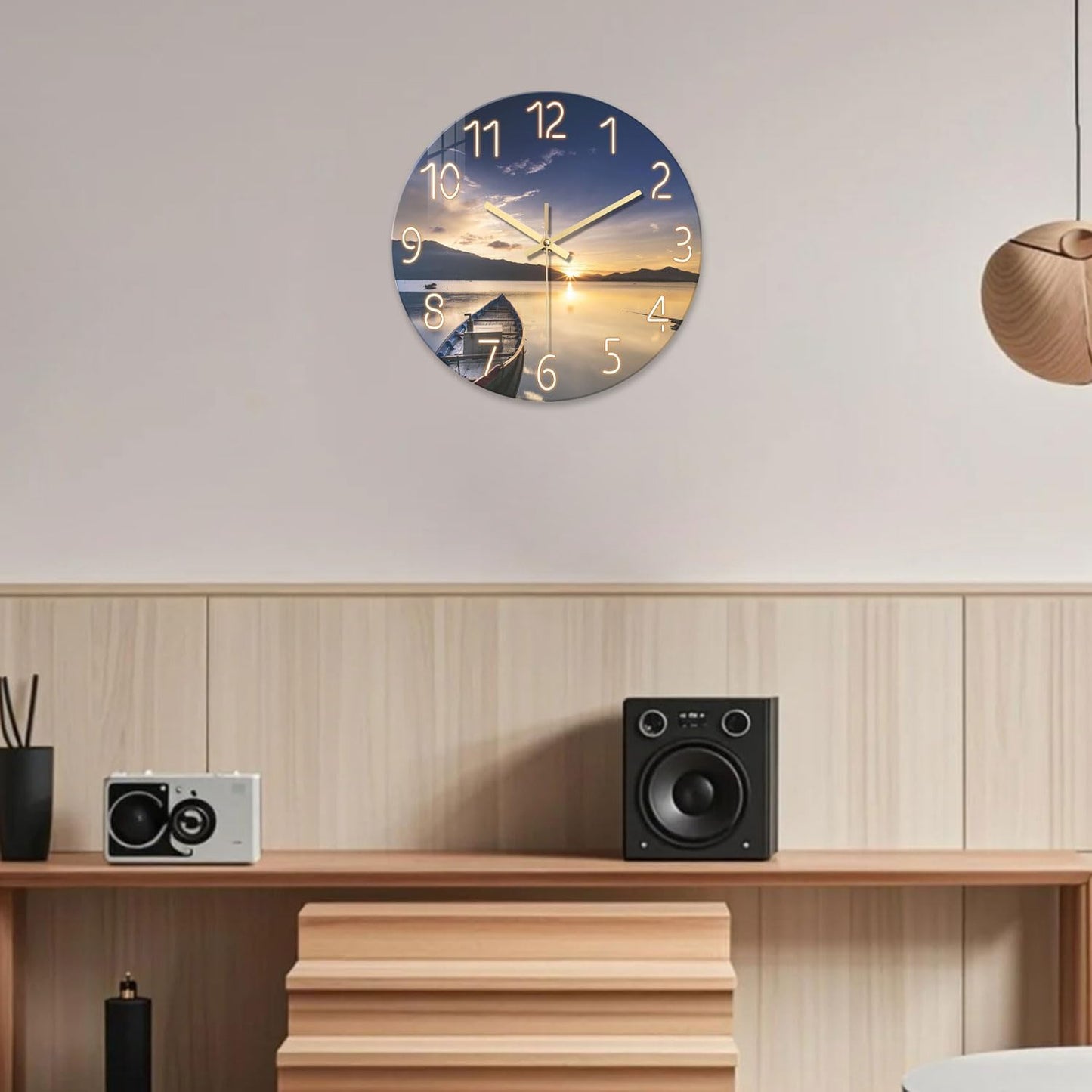 Beach Wall Clock Battery Operated 12 Inch Glass Wall Clock Non Ticking Analog Blue Wall Clocks for Bedroom Living Room Office Decor