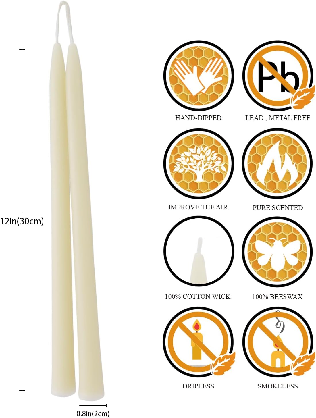 8'' Natural Ivory White Beeswax Taper Candles Set of 6, DEYBBY Smokeless and Dripless Beeswax Candles, Long Lasting Burning