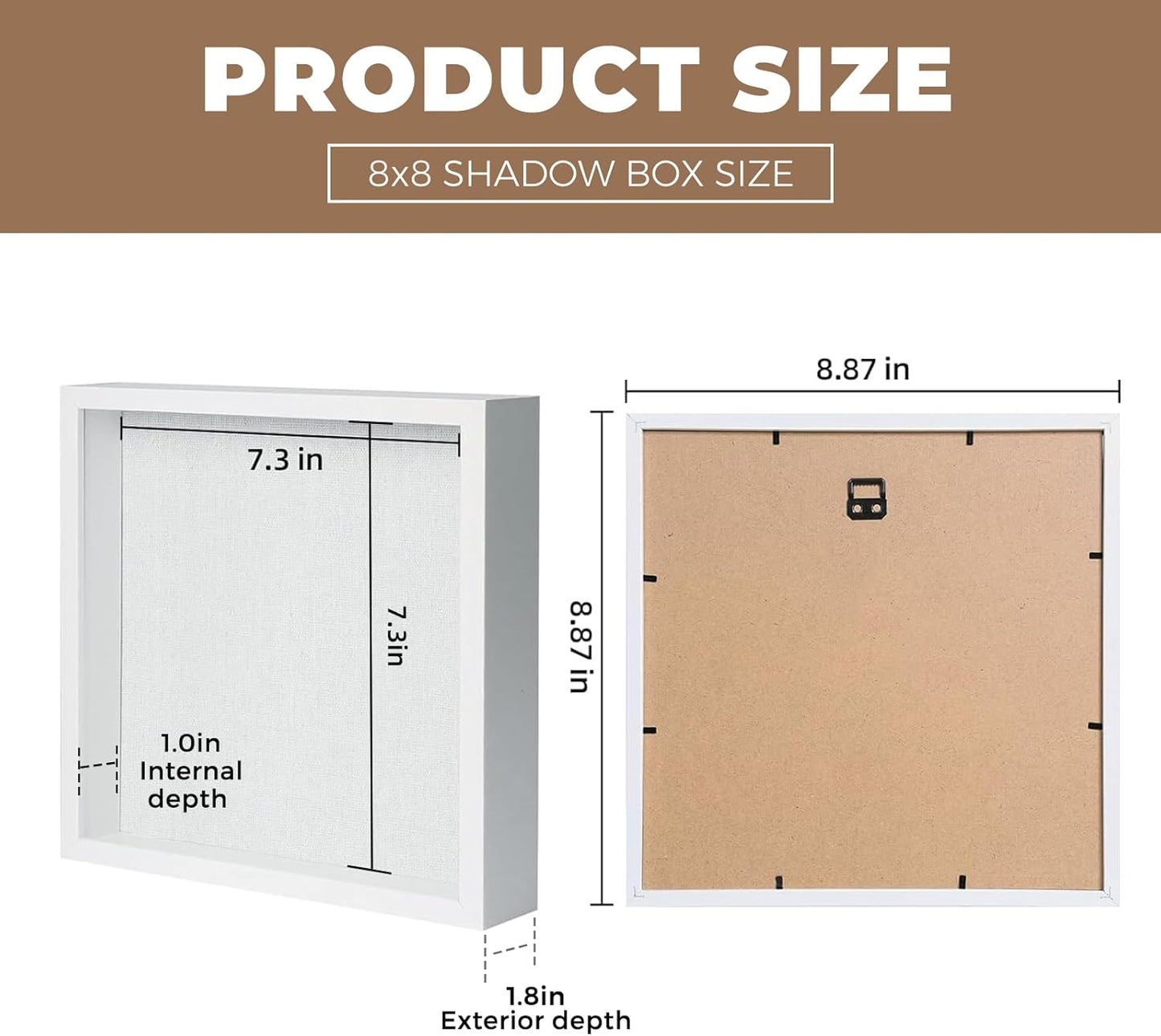 Muzilife 8x8 Shadow Box Picture Frame with Linen Board - Deep Wood & Glass Display Case Ready to Hang Memory Box Baby Sports Memorabilia, Pins, Awards, Medals, Wedding, Tickets and Photos (Black)