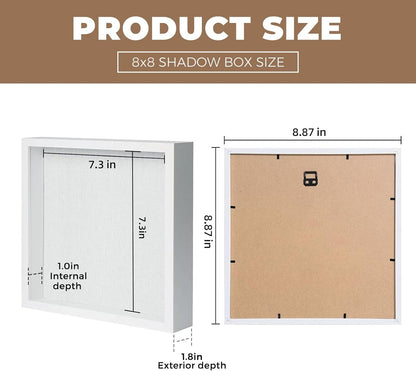 Muzilife 8x8 Shadow Box Picture Frame with Linen Board - Deep Wood & Glass Display Case Ready to Hang Memory Box Baby Sports Memorabilia, Pins, Awards, Medals, Wedding, Tickets and Photos (Black)