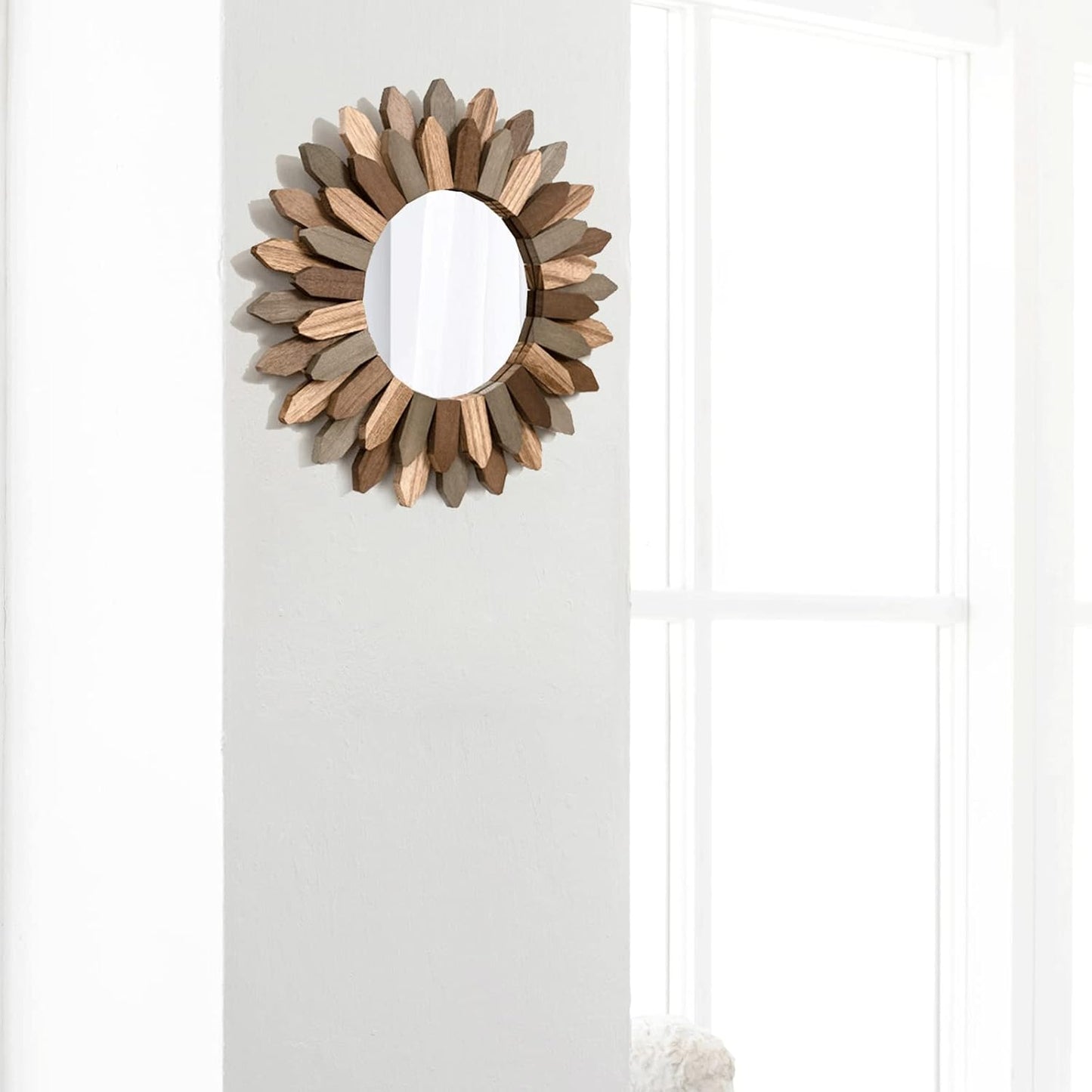 Honiway Wall Mirror Decorative 12 inch Rustic Wood Mirror Sunburst Boho Mirror for Entryway Bedroom Living Room Bathroom House Warming Gifts New Home Essential Carbonized Black