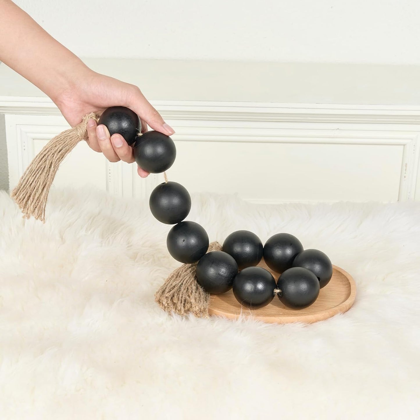 OMISHE Extra Large Wood Bead Garland with 2" Diameter Wooden Beads, 25.5" Long Rustic Farmhouse Decorative Wooden Beads Garland with Tassels, Boho Decorations for Home Table Mantle, Black
