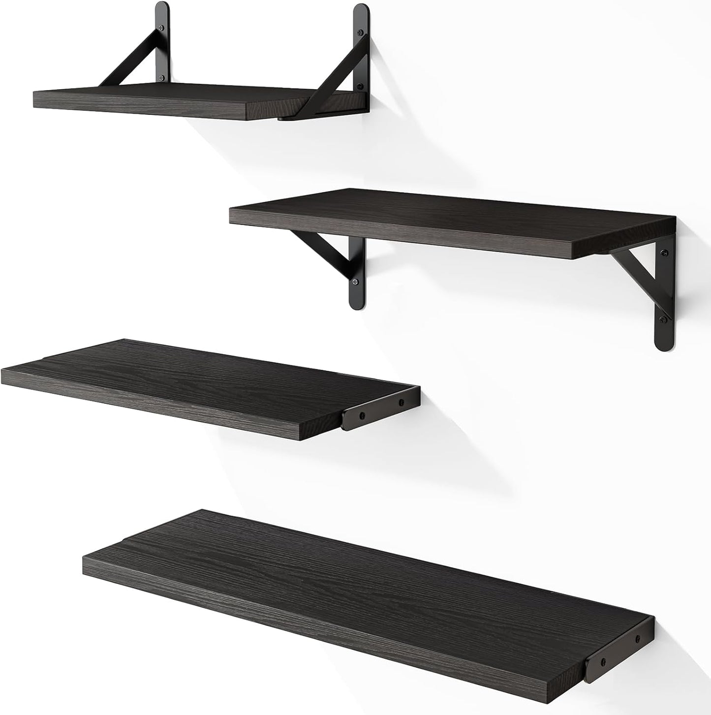 YGEOMER Floating Shelves for Wall, Different Sizes Dark Carbonized Brown Wall Shelves for Living Room, Bathroom, Bedroom, Kitchen, Home Decor (Set of 4)