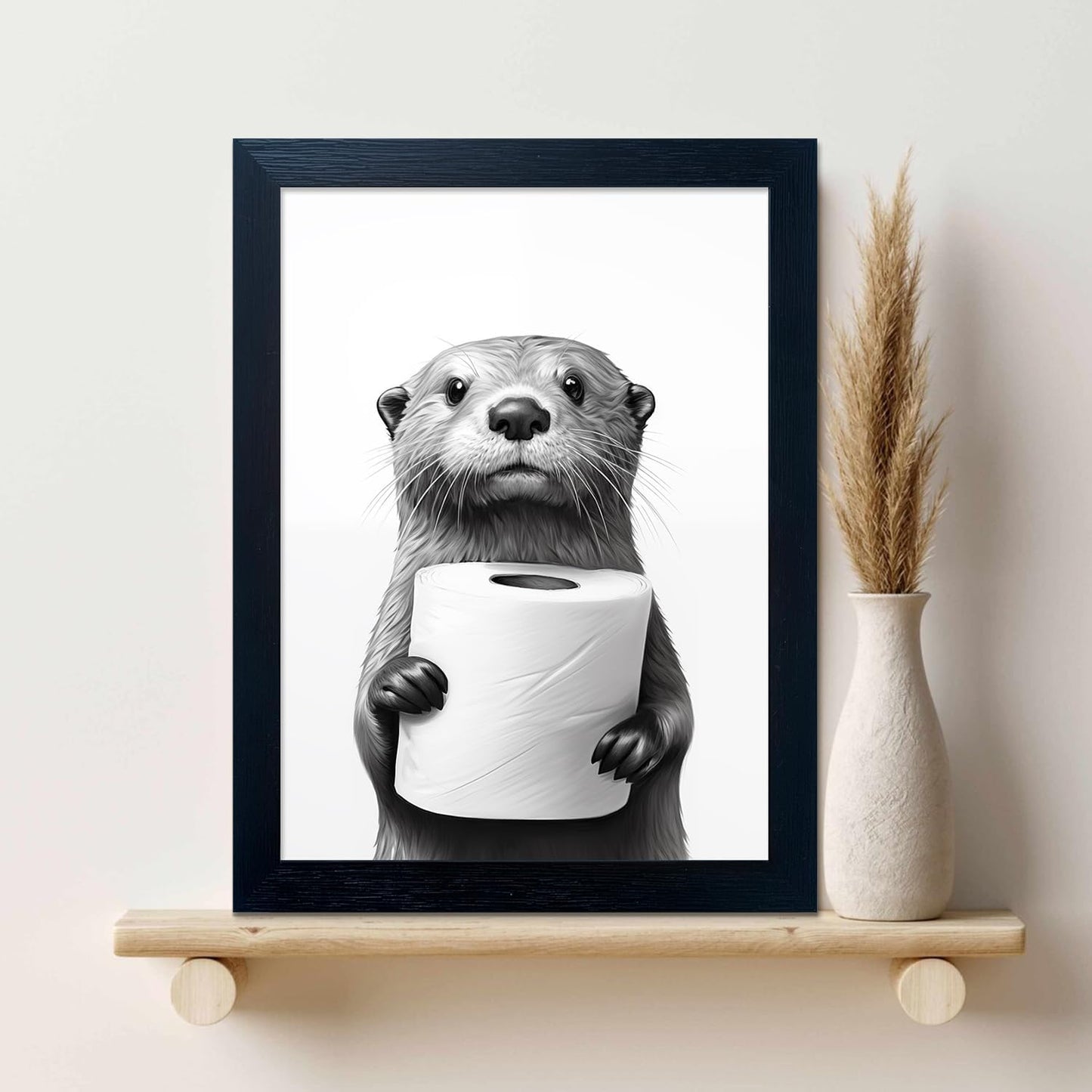 Bathroom Picture Wall Decor, Framed Black and White Bathroom Wall Art, Toilet Paper in Little Funny Raccoon's Hand Animal Canvas Print Painting
