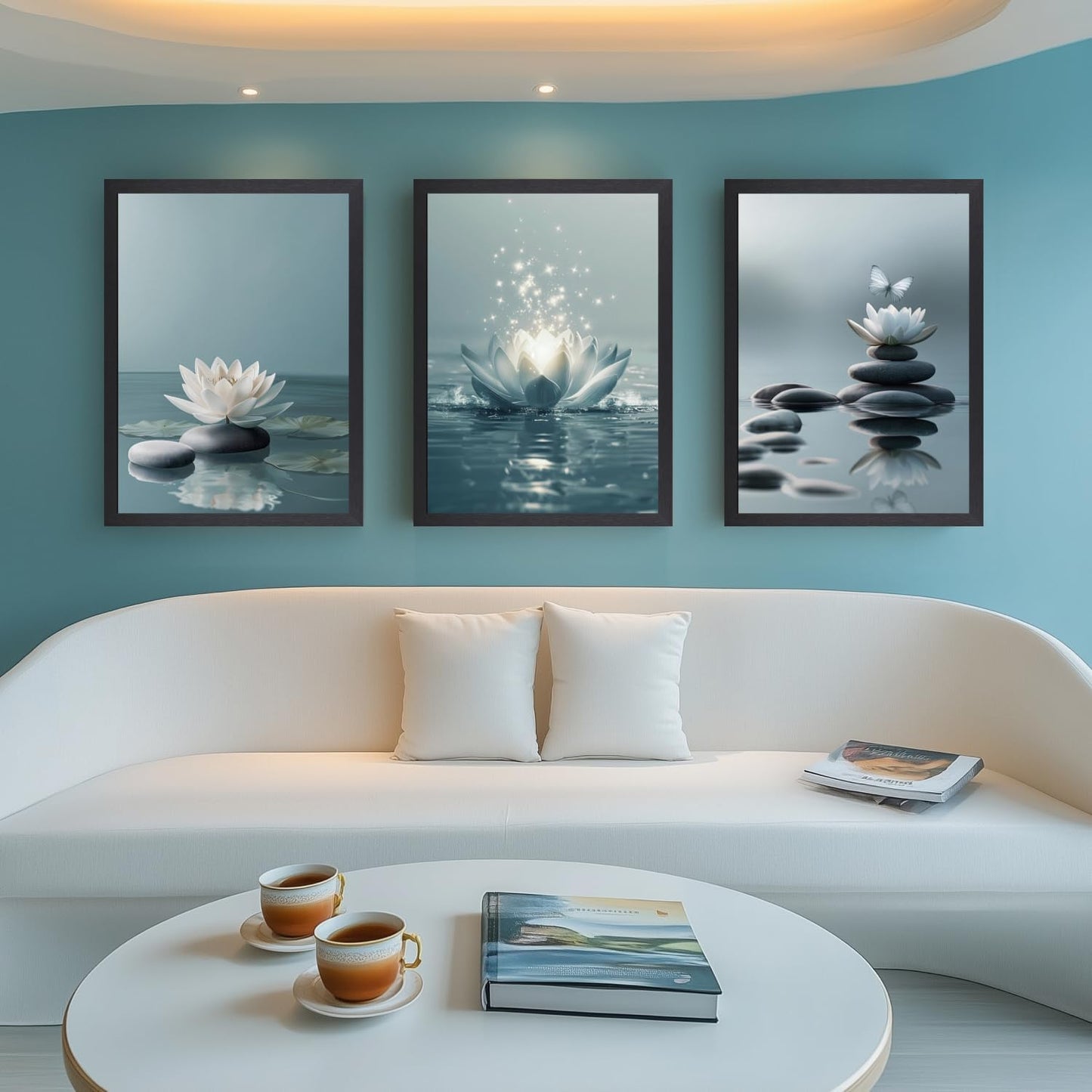 GELDSTEI Calm Zen Botanical Canvas Wall Art, White Lotus Blooming on Stones in Water Aesthetic Pictures, Yoga Spa Meditation Room Decor, Modern Spiritual Poster Prints for Zen Office Framed Set of 3, Each 12x16 Inch