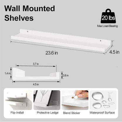 White Floating Shelves for Wall Decor, Wall Mounted Wood Storage Shelf for Bedroom, Living Room, Bathroom, Kitchen, Nursery, Display Picture Ledge Shelf with Lip Set of 2-14 Inches, White