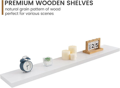 Floating Shelves 36 Inches Long - 8 Inch Deep Rustic Premium Solid Pine Wood for Storage - Farmhouse Wall Mounted for Living Room - Heavy-Duty Metal Bracket - 36" W x 8" D - Set of 2 - White Color