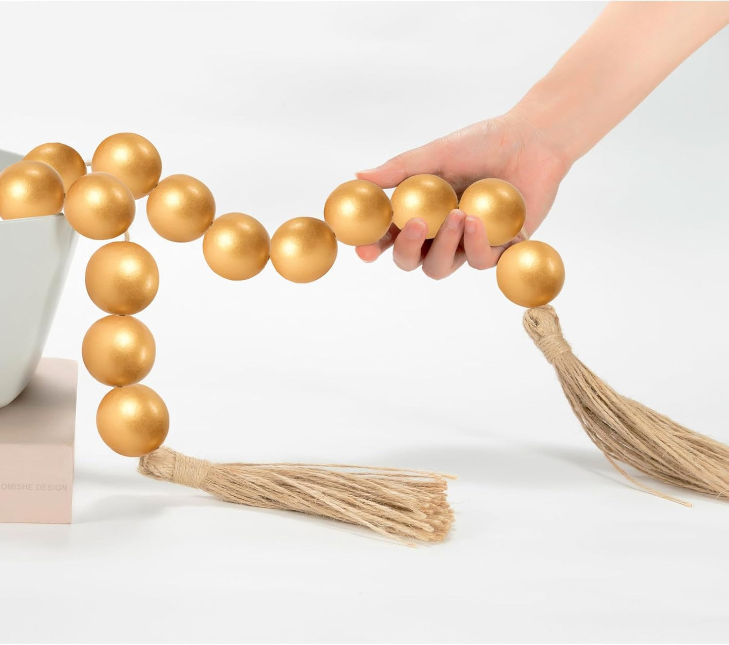 OMISHE Extra Large Wood Bead Garland with 1.6" Diameter Wooden Beads and Tassels, 41" Long Rustic Farmhouse Country Decorative Beads for Home Tiered Tray Decor, Natural Beige