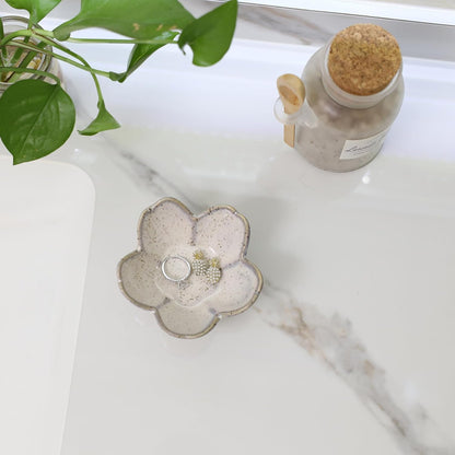 Pink Flower Ring Dish Holder,Jewelry Dish Tray,Small Trinket Tray,Jewelry Plate Bowl,Key Bowl,Decorative Plate,Mothers Day Birthday Gifts for Women Friends,Ceramic Kiln effect White