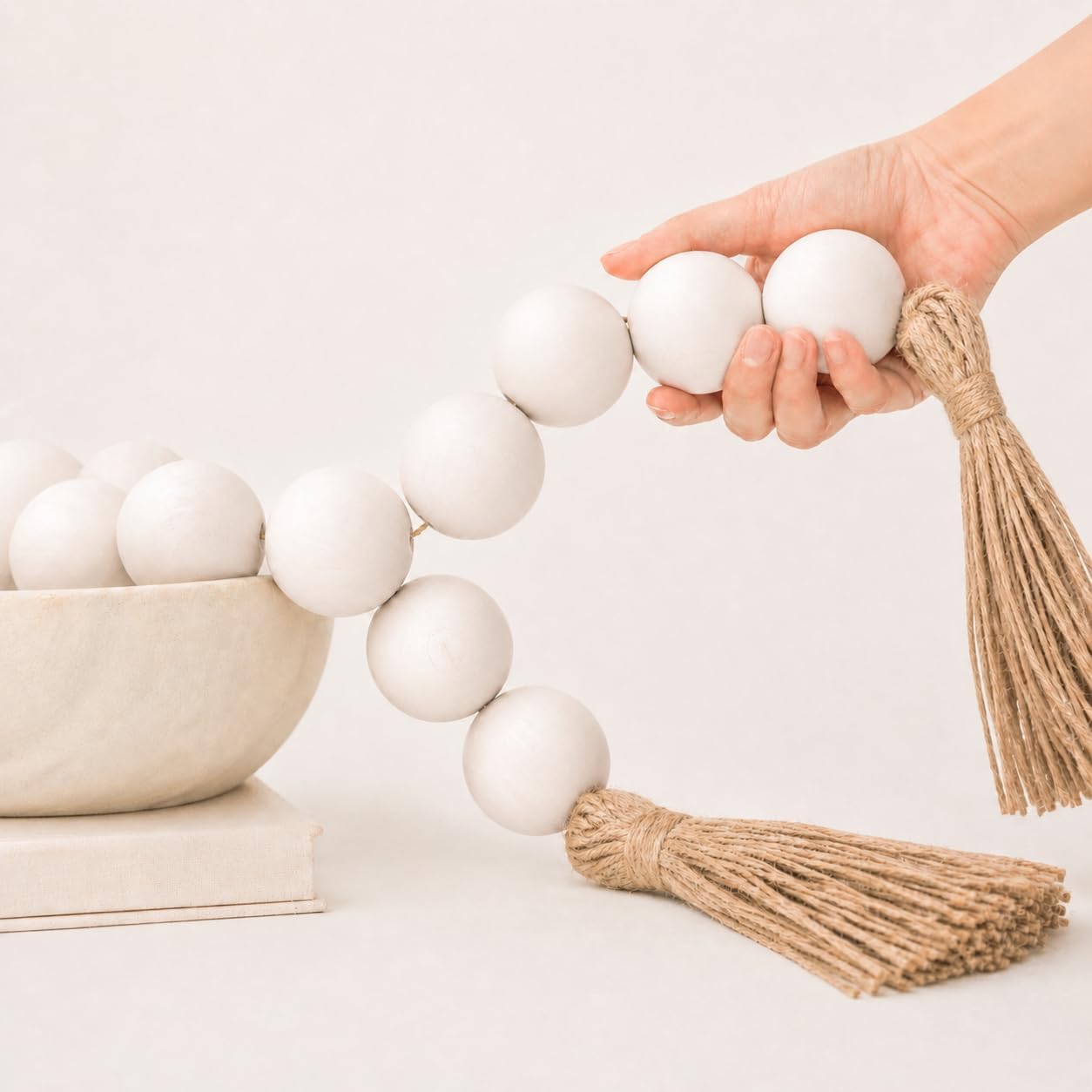 OMISHE Extra Large Wood Bead Garland with 1.6" Diameter Wooden Beads and Tassels, 41" Long Rustic Farmhouse Country Decorative Beads for Home Tiered Tray Decor, Natural Beige