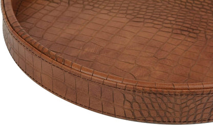 HofferRuffer Round Serving Tray 20'', Elegant Faux Leather Circle Ottoman Table Tray, Serve Tea Coffee Breakfast in Bedroom Living Room Kitchen (Brown)