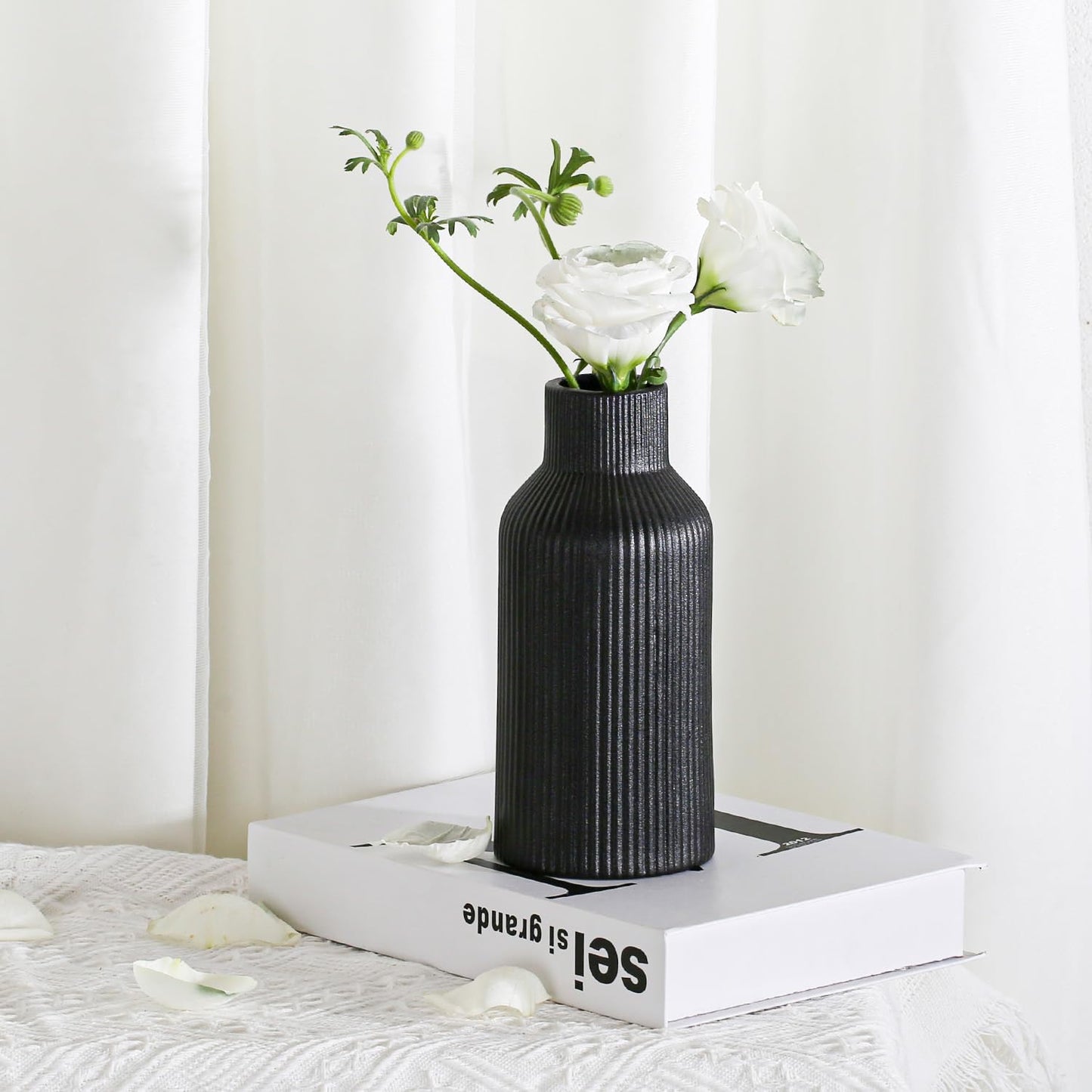 Bohemian White Ceramic Vase - for Pampas Grass, Mantel, Bookshelf, Entryway and Living Room Decor (White, 7in)