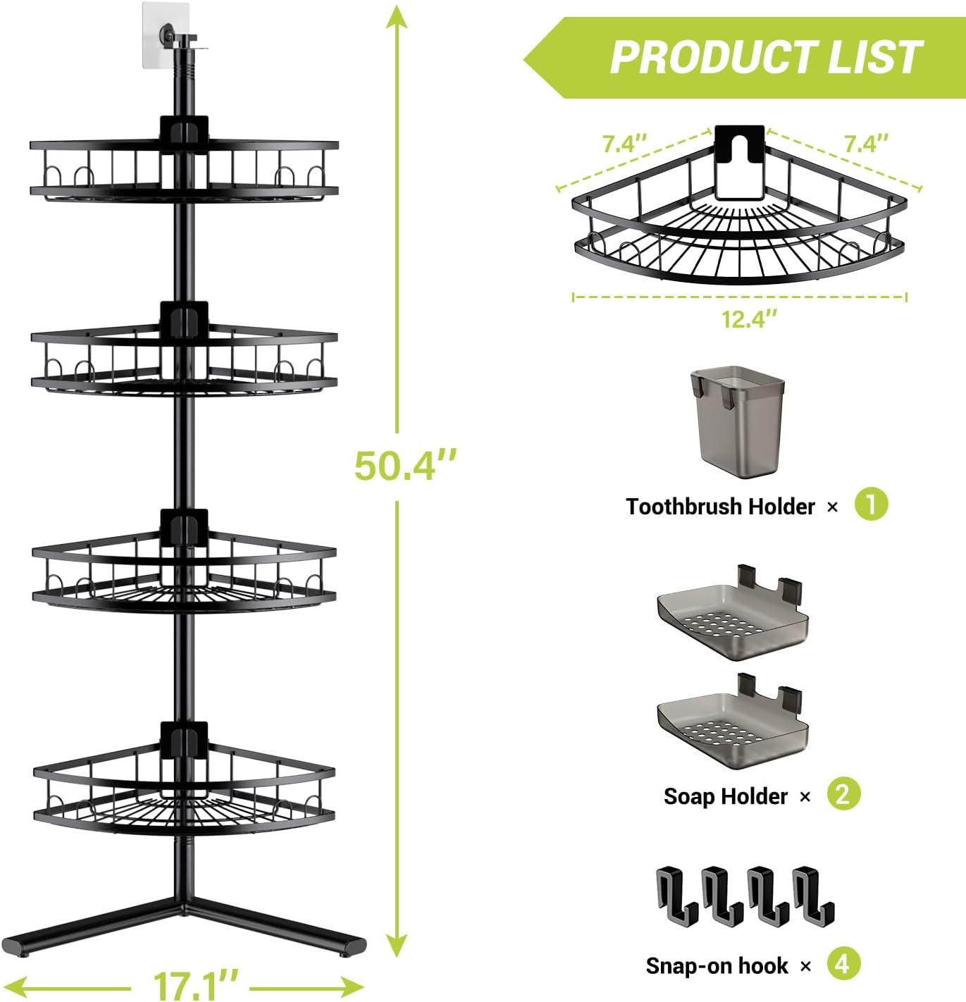 Aitatty Corner Shower Caddy Standing: 4-tier Rustproof Shower Organizer Shelf - Floor Shower Corner Shelf Rack Stand for Bathroom Black