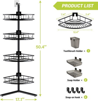 Aitatty Corner Shower Caddy Standing: 4-tier Rustproof Shower Organizer Shelf - Floor Shower Corner Shelf Rack Stand for Bathroom Black