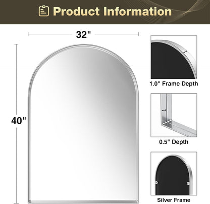 Brightify Arched Mirror, Arched Wall Mirror, 24 x 32 Inch Silver Arch Mirror, Metal Frame Silver Bathroom Mirror, Arched Top Bathroom Vanity Mirror for Living Room Bedroom Mantel Entryway Hallways