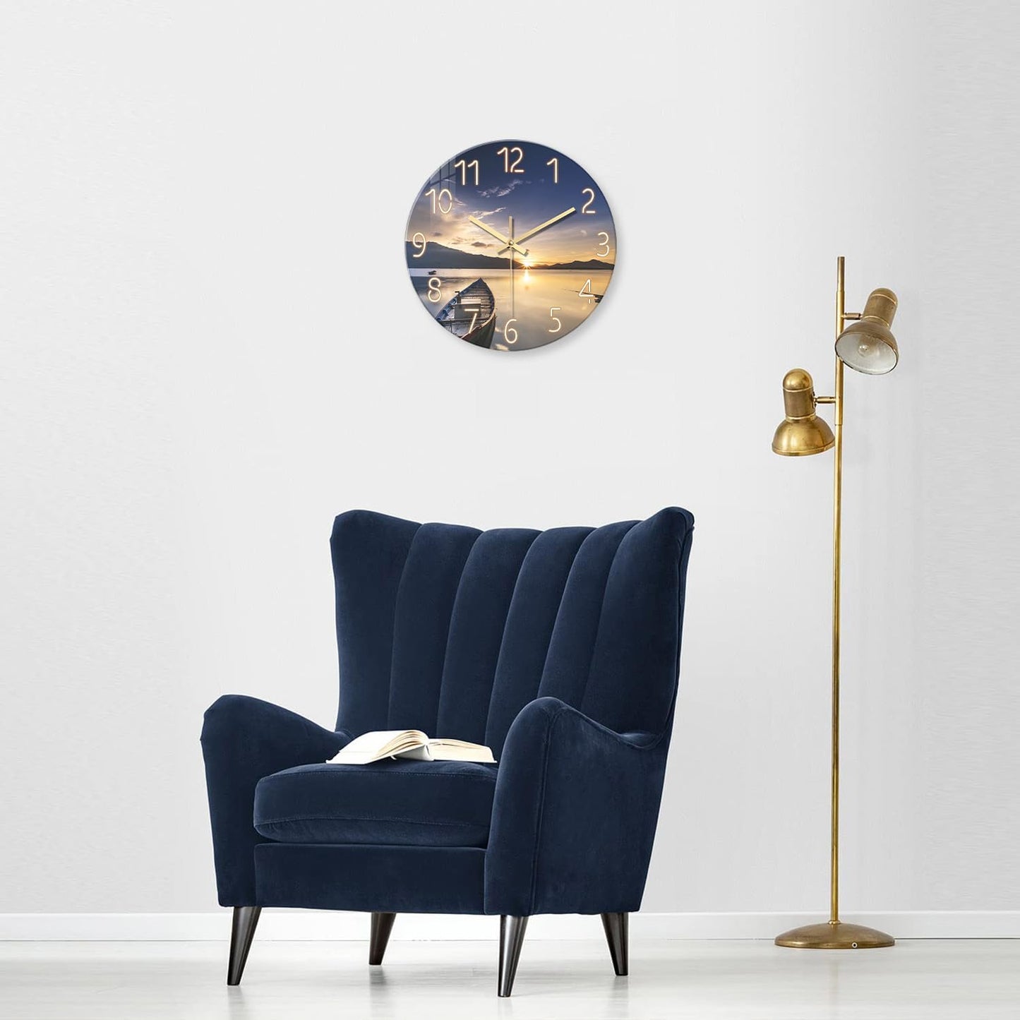 Beach Wall Clock Battery Operated 12 Inch Glass Wall Clock Non Ticking Analog Blue Wall Clocks for Bedroom Living Room Office Decor