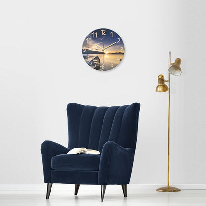 Beach Wall Clock Battery Operated 12 Inch Glass Wall Clock Non Ticking Analog Blue Wall Clocks for Bedroom Living Room Office Decor