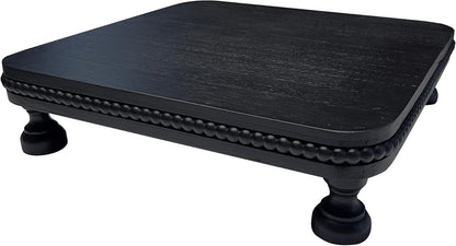 dwellington Farmhouse Display Wood Riser, 12" Decorative Black Beaded Pedestal Stand, Square Tiered Tray Decor for Kitcher Decor, Countertop