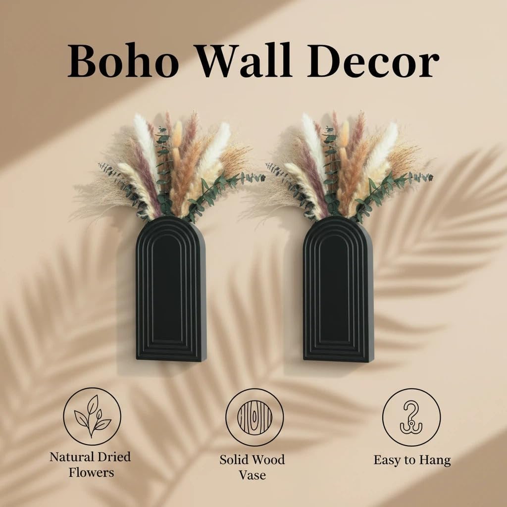Set of 2 Wooden Vases with Pampas Grass and Eucalyptus – Boho Decor for Living Room, Modern Farmhouse Entryway or Bathroom, Rustic Art for Home Decoration