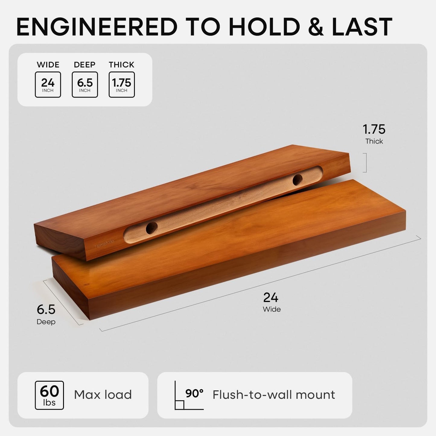 Homeforia 24 inch Natural Floating Shelf, High End Solid Real Wood 24inch Small Floating Shelves for Wall Mounted, Natural Wooden Floating Shelves, Heavy Duty Bracket, 24 X 6.5 X 1.75 in, Set of 2