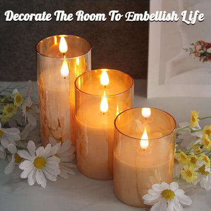 Rechargeable Flameless Glass Pillar Candles–Gifts for Women,–Set of 3, Realistic Flickering LED Light,Remote & Timer, Ideal for Living Room, Bedroom & Festival Wedding Home Party Decor