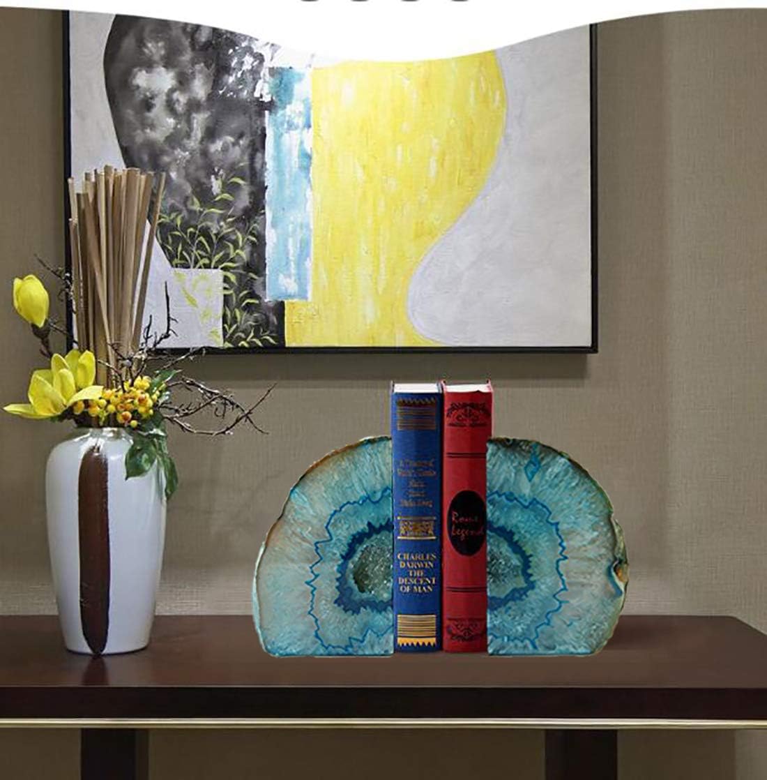 JIC Gem Dyed Blue Agate Bookends Geode Decorative Book Ends for Heavy Books with Rubber Bumpers for Office and Home Decoration Polished Small Size 2 to 3 Lbs