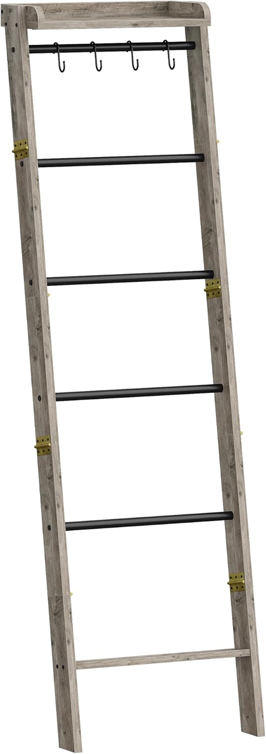 Hzuaneri Blanket Ladder Shelf, Decorative Quilt Rack, 6-Tier Farmhouse Ladder Holder Organizer with 4 Removable Hooks 7.9" D x 17.3" W x 63.4" H, Rustic Brown BR35801B