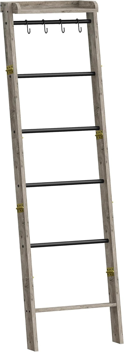 Hzuaneri Blanket Ladder Shelf, Decorative Quilt Rack, 6-Tier Farmhouse Ladder Holder Organizer with 4 Removable Hooks 7.9" D x 17.3" W x 63.4" H, Rustic Brown BR35801B