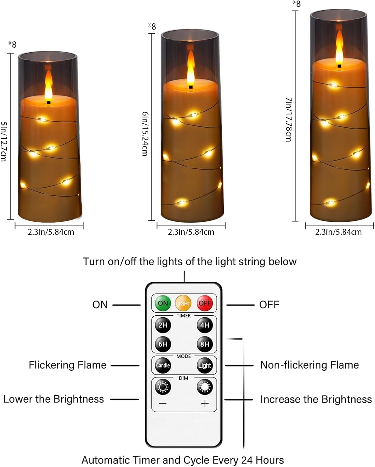 Nimiko Flickering Flameless LED Candles, 9 Pcs with Embedded Star String, Acrylic LED Pillar Candles with Remote, Suitable for Home Decoration (White)