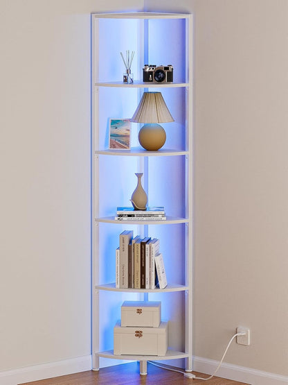 Furnulem 6 Tier Corner Shelf with LED Light, 67.5” Tall Standing Shelf Organizer, Black Narrow Bookshelf with Storage Rack for Wall Corner, Living Room, Bedroom, Metal Frame, Wood Display Shelf