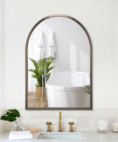 Black Arched Wall Mirror Aluminum Alloy Frame Bathroom Mirror Brushed Metal Vanity Wall Mounted Mirror for LivingRoom Bedroom Entryway Room Home Decor 16"x12"