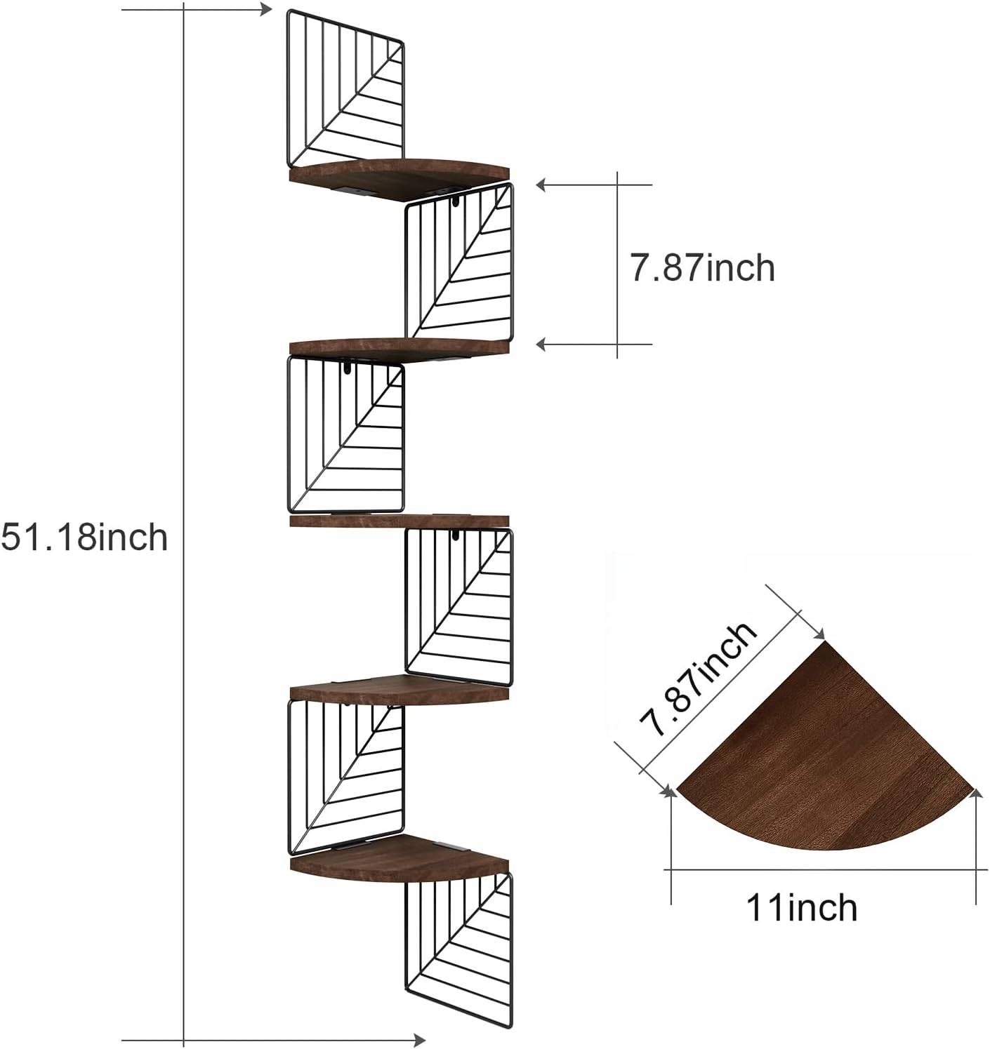 Love-KANKEI Corner Shelf Wall Mount of 5 Tier Rustic Wood Floating Shelves Wall Shelves for Bedroom Living Room Bathroom Kitchen Office and More Carbonized Black