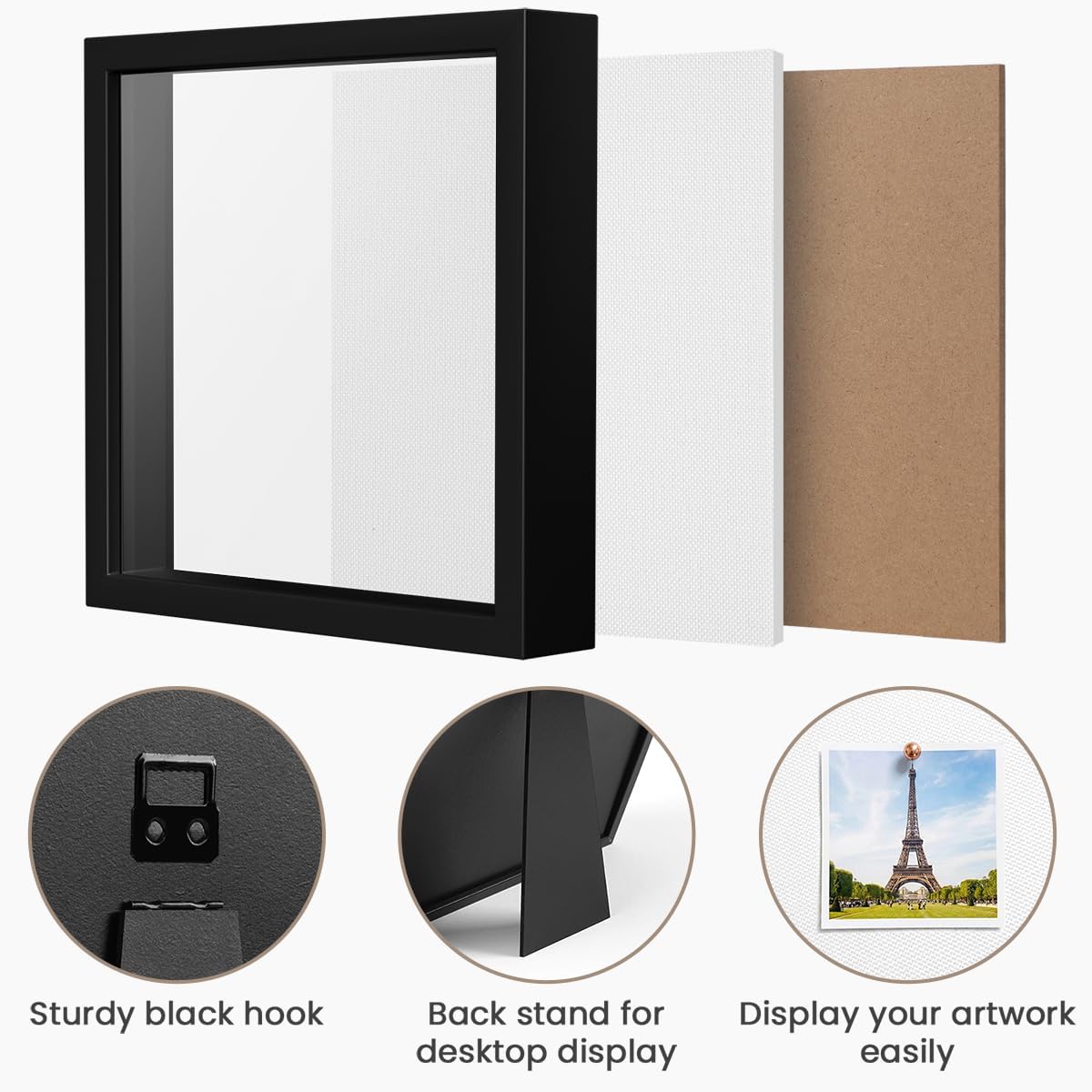 8x8 Shadow Box Frame | Soft Linen Back & Push Pins Included, Polystyrene Glass Memory Display Case for Flowers, Tickets & Cherished 3D Items, White
