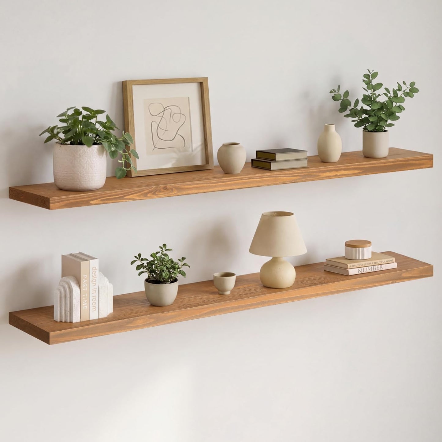 Homeforia 24 inch Natural Floating Shelf, High End Solid Real Wood 24inch Small Floating Shelves for Wall Mounted, Natural Wooden Floating Shelves, Heavy Duty Bracket, 24 X 6.5 X 1.75 in, Set of 2