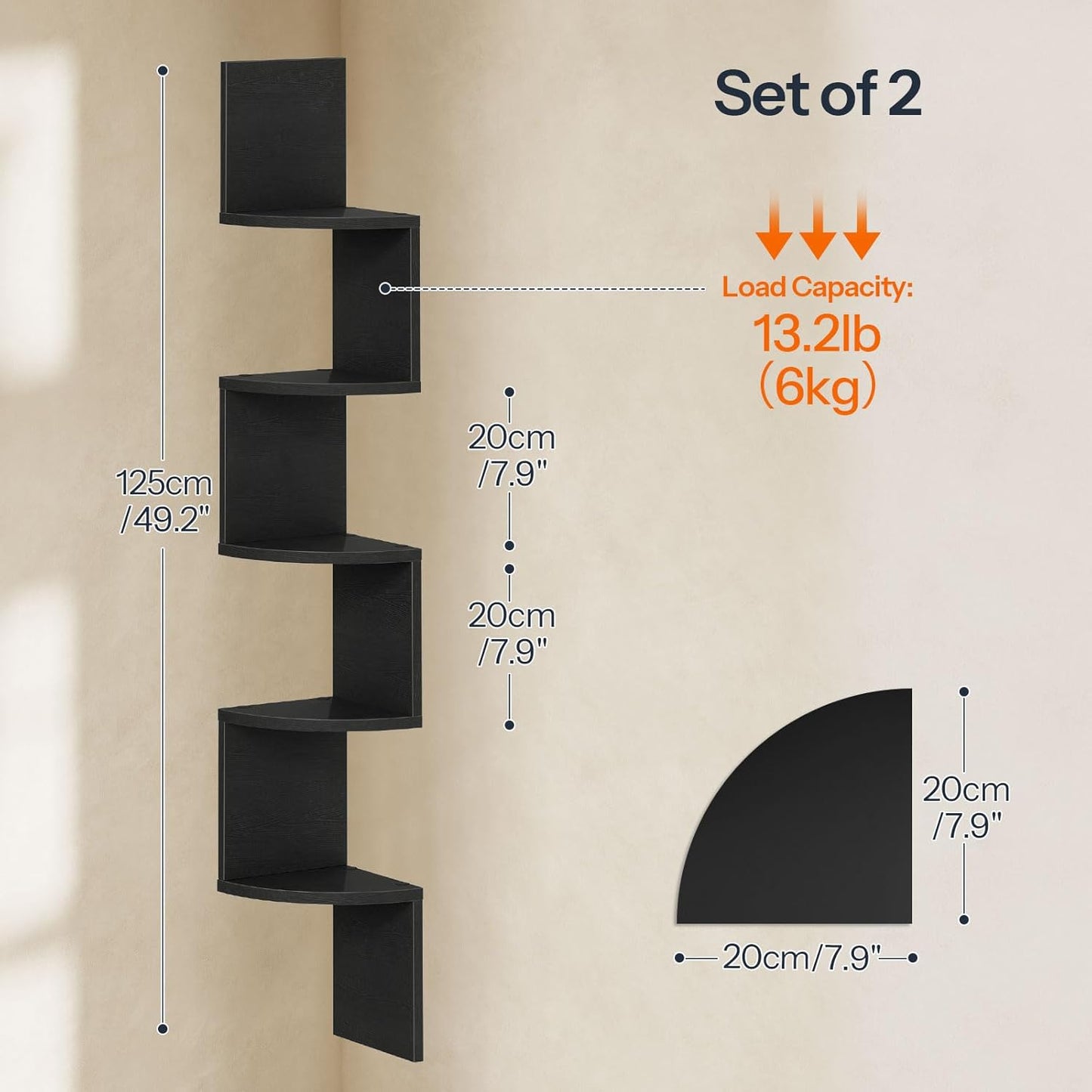 HOOBRO Corner Shelf Wall-Mounted, Set of 2 Floating Corner Shelves for Wall, 4-Tier Corner Bookshelves for Living Room, Bedroom, Bathroom, Home Office, Black BK25BJP201